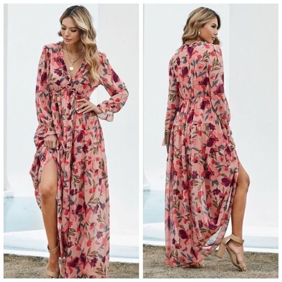 Floral Frill Trim Tiered Maxi Dress Large NWOT - Picture 1 of 15